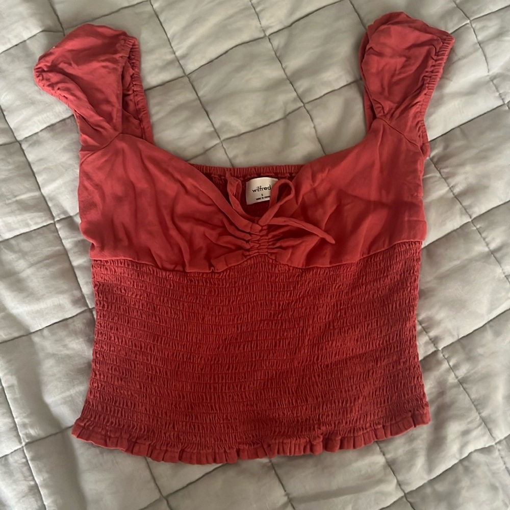 Aritzia Wilfred Ruched Crop Top Coral